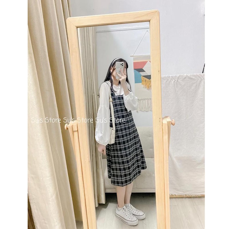 Sét Yếm 2 Dây Kẻ Caro- Kèm Áo Sơm Mi Trắng Hàng Quảng Châu Y424