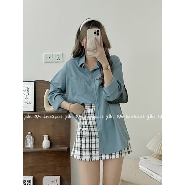 Áo sơ mi trơn basic dáng rộng túi ngực ulzzang