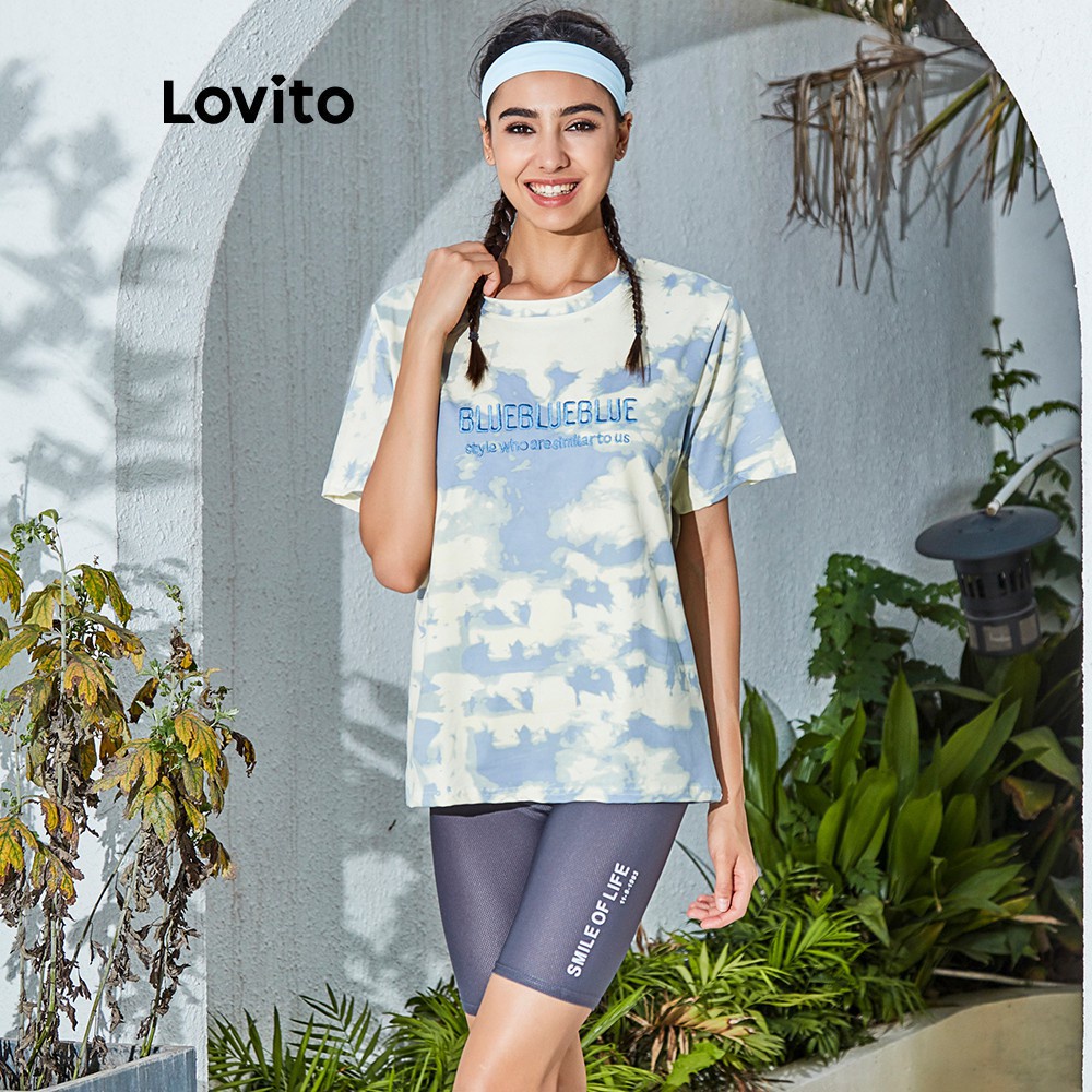 Áo thun Lovito L02005 dáng rộng họa tiết màu xanh dương thời trang năng động