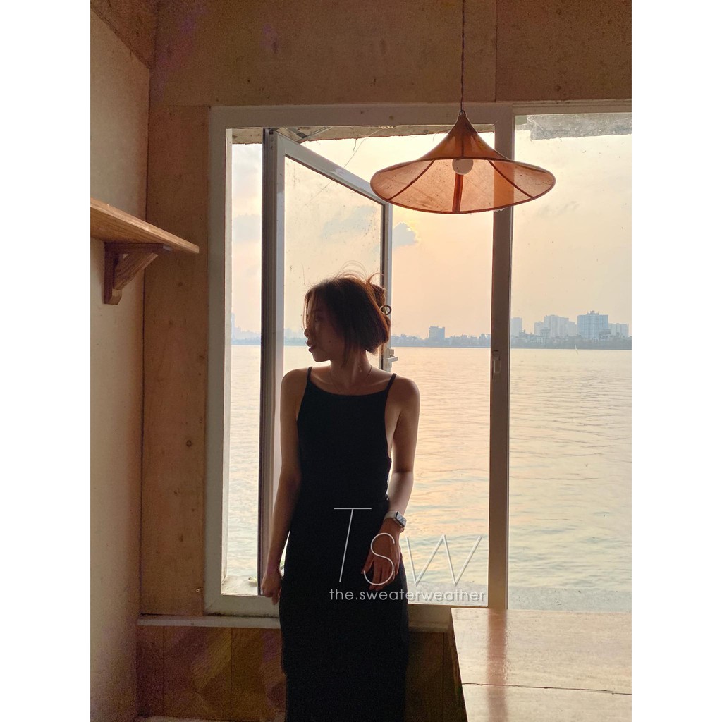 Váy hai dây thun khoét lưng maxi đen (Tặng kèm dán ngực) | BigBuy360 - bigbuy360.vn