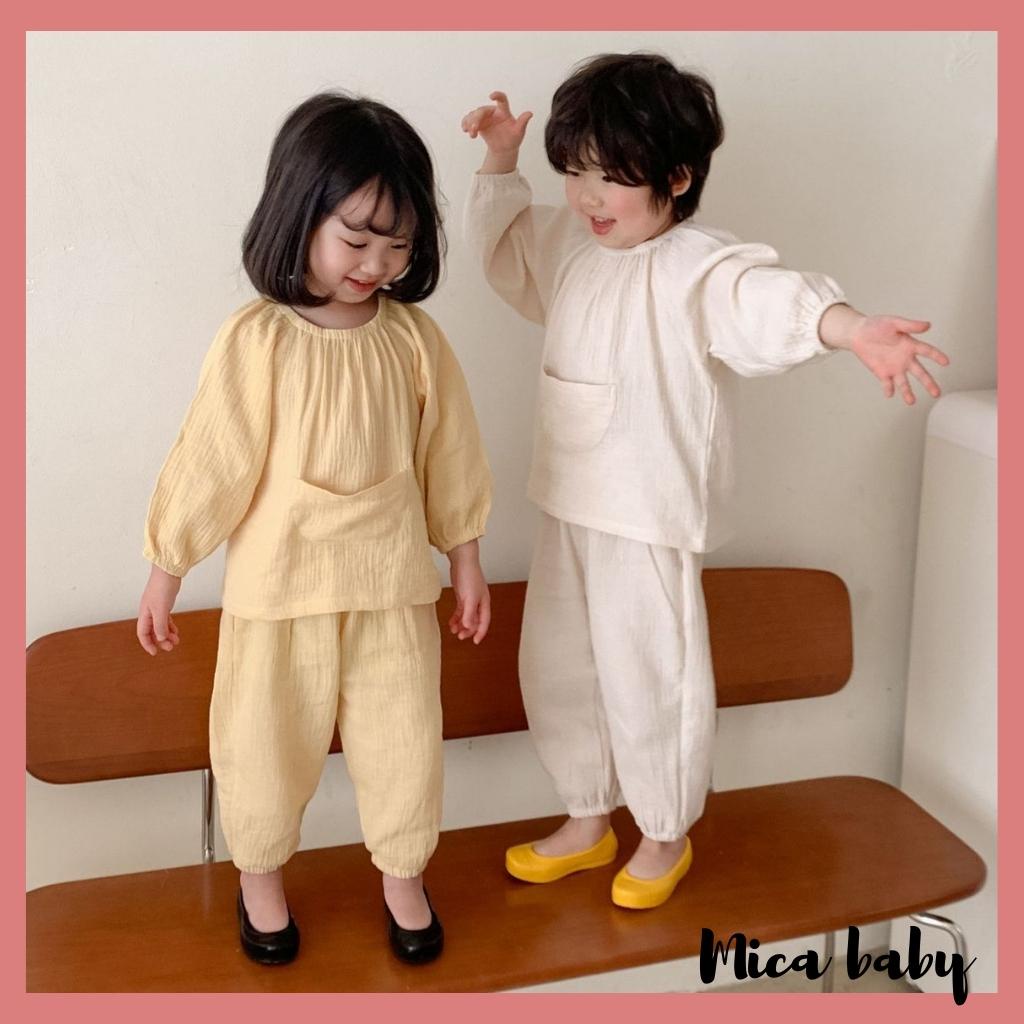 Bộ quần áo thu đông dài tay vải xô muslin cao cấp cho bé QA42, quần áo sơ sinh bé trai bé gái Mica baby từ 8-18kg