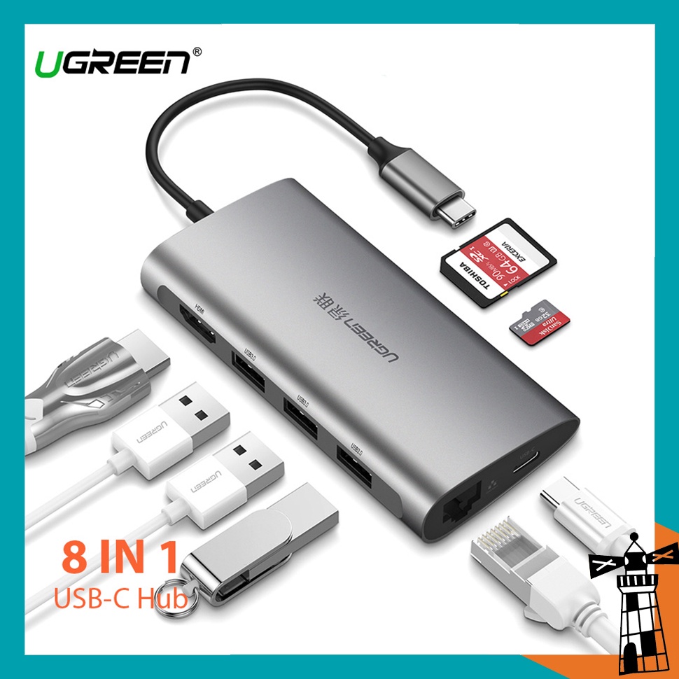 Cáp Chuyển Hub Ugreen 8 in 1 USB Type C Sang 3xUSB 3.0 + HDMI + RJ45 + SD,TF Ugreen 50538