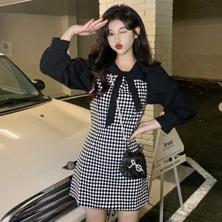 Đầm Perty dáng ôm in sọc caro phong cách Hàn Quốc thời trang mùa thu dành cho nữ