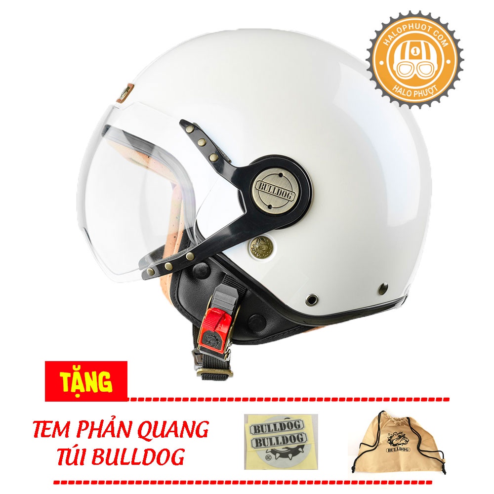 Mũ bảo hiểm 3/4 Bulldog POM Trắng (tặng túi vải, tem phản quang)
