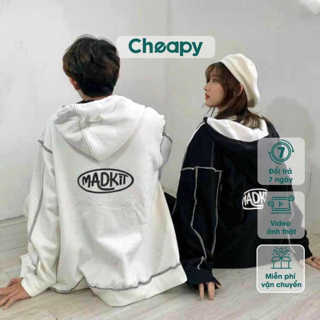 Áo khoác hoodie nỉ bông Madkit unisex Cheapy có mũ khóa kép zip form rộng đen trắng nam nữ hàn quốc thu đông local brand