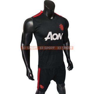 Bộ Quần áo Bóng đá CLB MU- Vải Thun Lạnh cao cấp - Mẫu Training Ba Lỗ sát nách - Màu ĐEN - KJSPORT