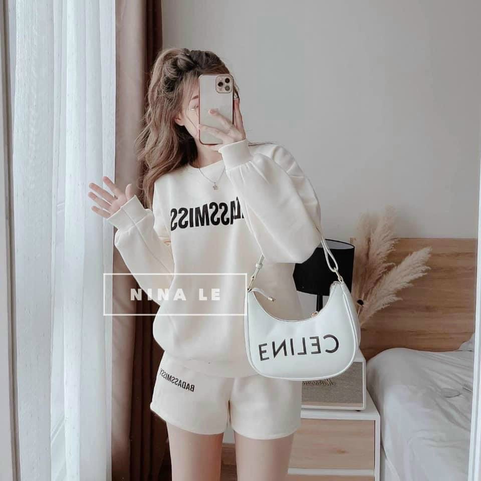 Sét bộ đi chơi trẻ trung,cá tính với thiết kế quần đùi ngắn phối áo thun cổ tròn tay dài,chất liệu nỉ thun dày,mịn,mềm