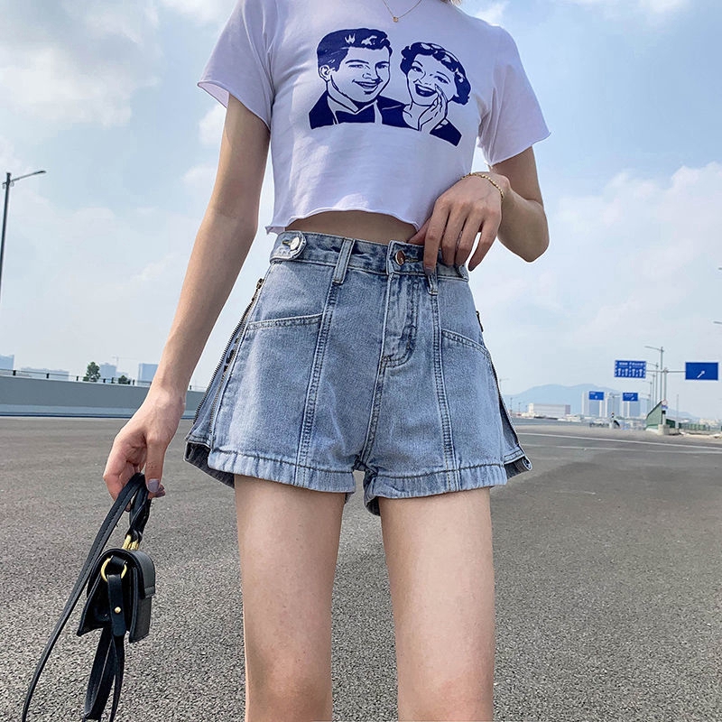 Quần Đùi Denim Cạp Cao Phối Khóa Kéo Cá Tính Cho Nữ