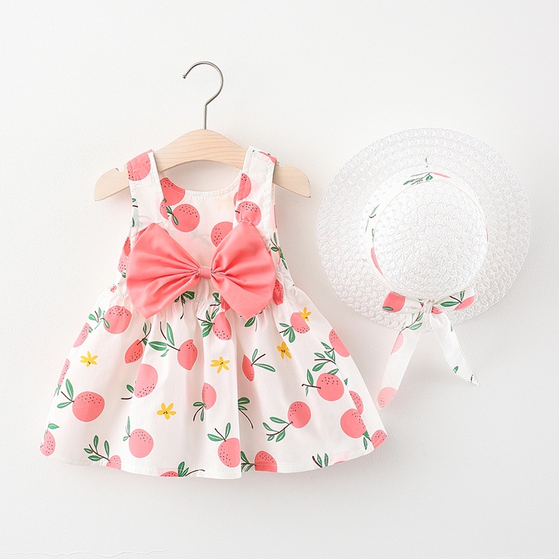 Sét Đầm Bé Gái Kèm Nón Đi Biển, Họa Tiết Hoa Qủa Đính Nơ Sau , Chất Cotton