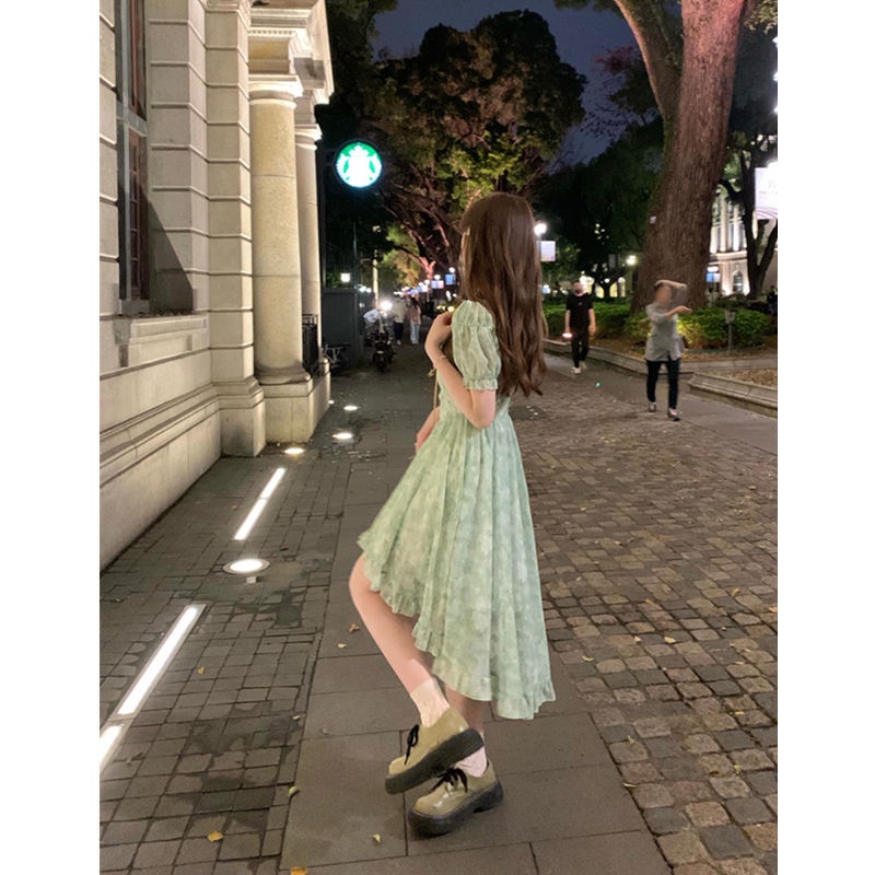 Đầm Voan Tay Phồng Cổ Vuông Họa Tiết Hoa Thiết Kế Bất Đối Xứng Thời Trang Pháp