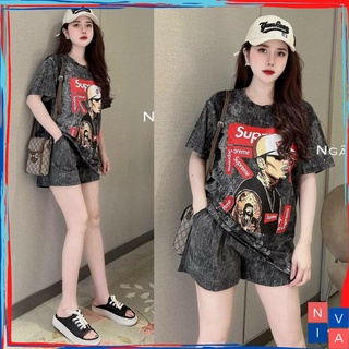 Bộ quần áo nữ mùa hè NIVA Set thể thao quần đùi bigsize thun cổ tròn tay ngắn form rộng mặc nhà đi chơi xám đen đẹp G03
