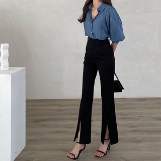 Quần vải cạp cao ống loe xẻ gấu - titto closet
