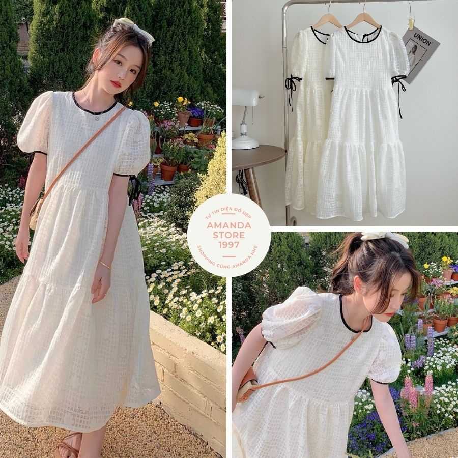 Váy babydoll hoa nổi nơ viền nơ đen dễ thương 2 màu TRẮNG - BE