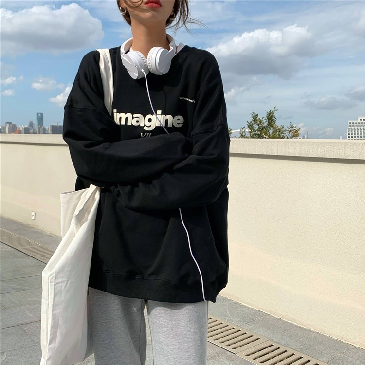 Áo sweater cổ tròn tay dài dáng rộng in chữ phong cách Hàn Quốc thời trang xuân thu mới cho nữ