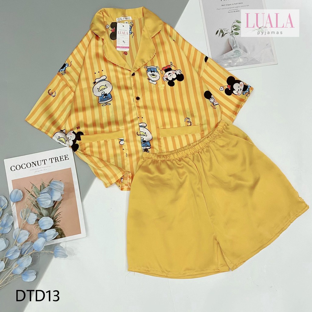 LUALA PYJAMAS - Bộ Lụa Cộc Đùi Hàng Cao Cấp Chuột Kẻ Vàng