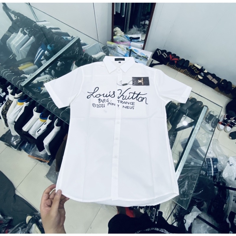 Áo sơ mi cộc tay thời trang nam, Áo sơ mi học sinh mầu trắng hoạ tiết LV cotton btshop từ 45 đến 75 kg