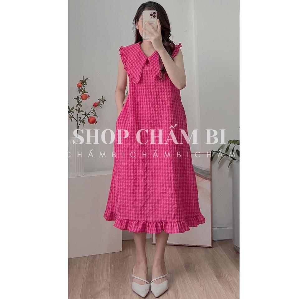 Váy dáng dài sơ mi kẻ caro V.124, Váy dáng dài sơ mi cổ bèo kẻ caro 3 màu bánh bèo -Thời trang nữ Chấm Bi