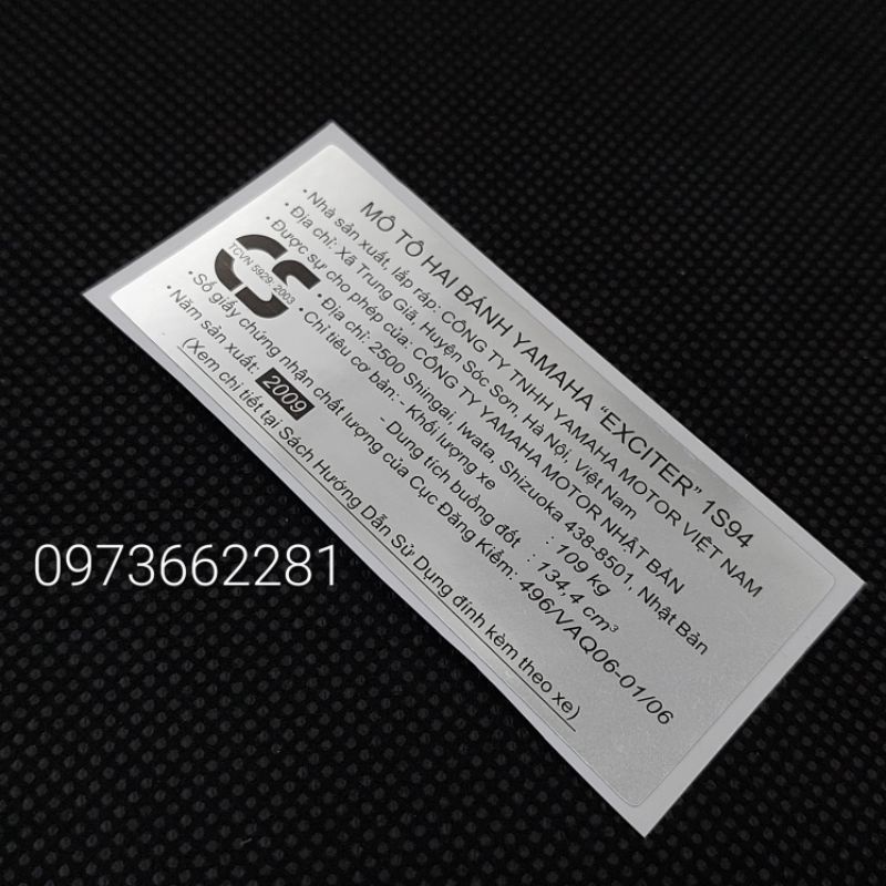 Tem dán càng gắp EXCITER 2009.1S94, Tem thông số năm Sản xuất 135