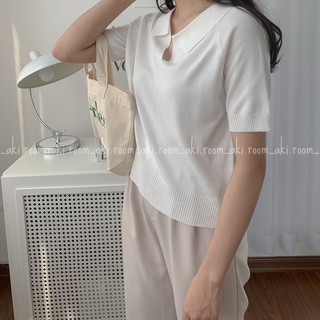 Áo len mỏng trơn cổ bẻ cộc tay