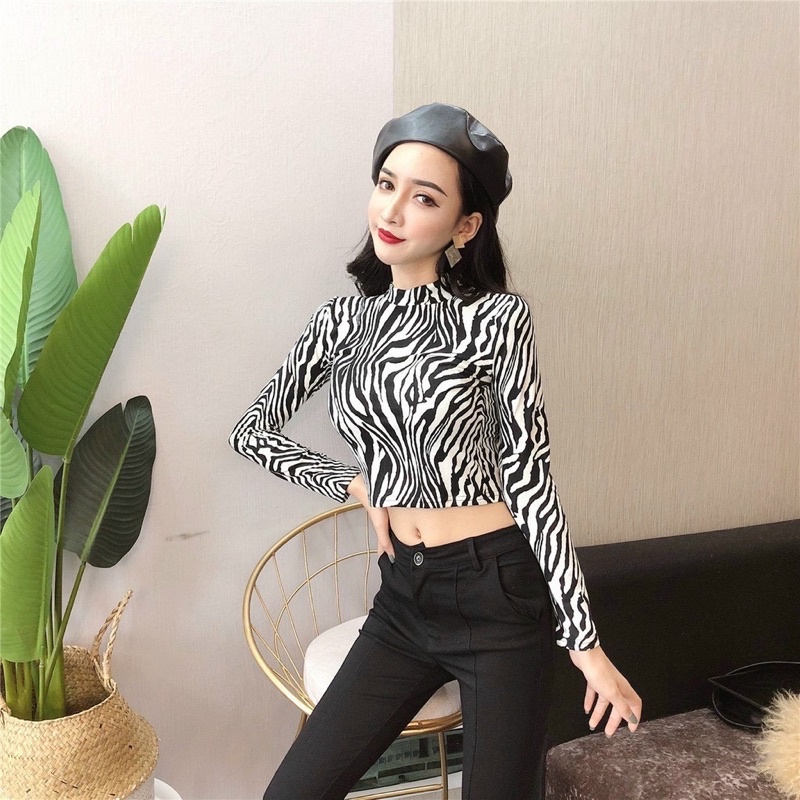 Áo croptop tay dài hoạ tiết da báo/sọc ngựa vằn cá tính