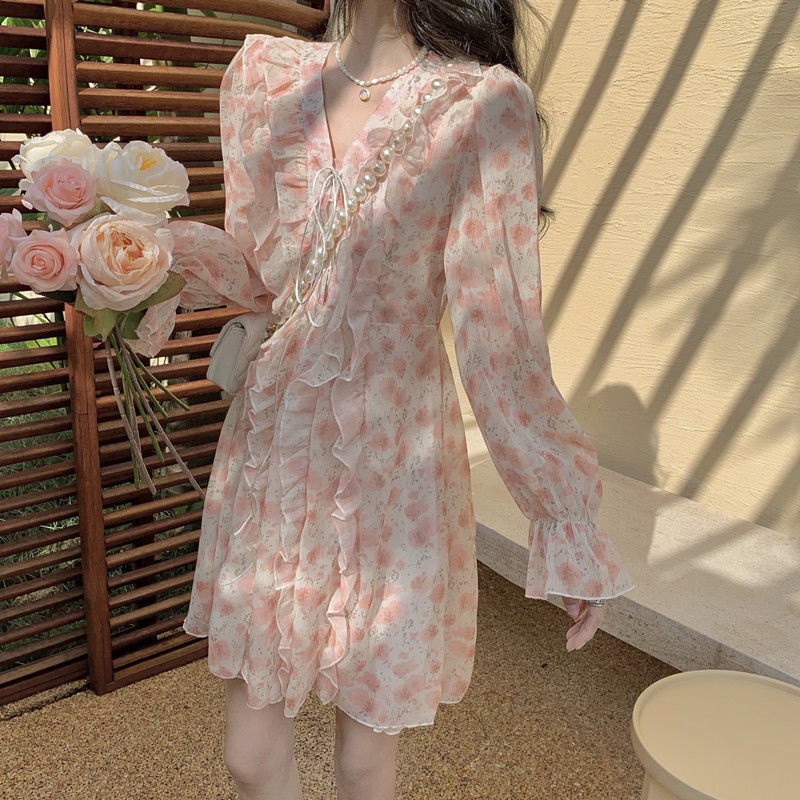 Đầm chiffon tay dài cổ chữ V phối ren hoa thời trang mùa thu mới 2021 thanh lịch dành cho nữ