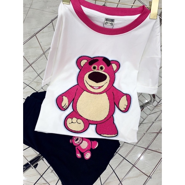 Set áo thun cotton phối viền cổ gấu thêu quần suông hình thật I9