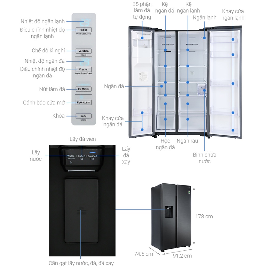 Tủ lạnh Samsung Inverter 635 lít RS64R5301B4/SV - Làm đá tự động, Lấy nước bên ngoài, Miễn phí giao hàng HCM.