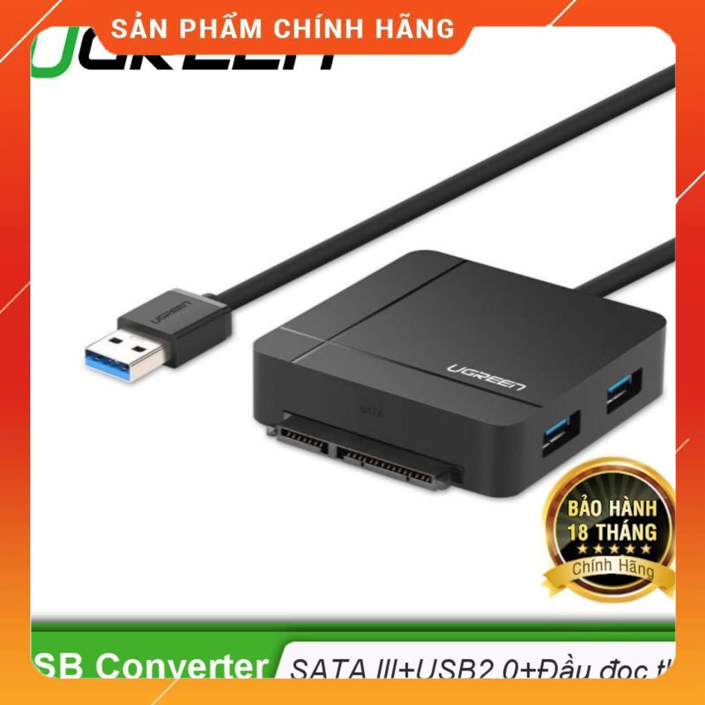 Dây cáp USB 3.0 sang SATA III + Hub 2 cổng USB 2.0 + Đầu đọc thẻ kèm nguồn 12V UGREEN US231 30918 dailyphukien