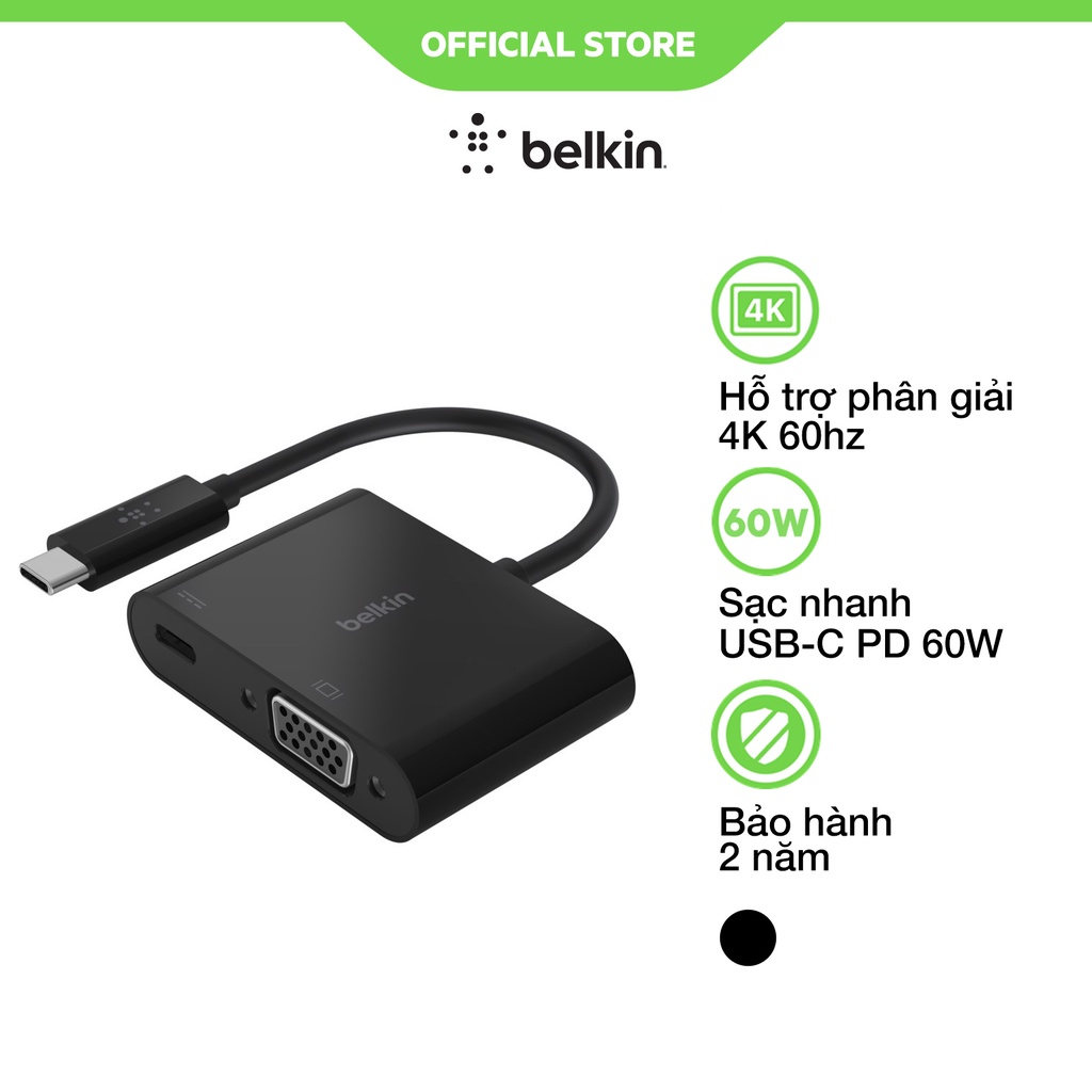 Cáp chuyển đổi USB Type C sang VGA Belkin cao cấp - Hàng Chính Hãng - Bảo Hành 2 Năm - AVC001bt