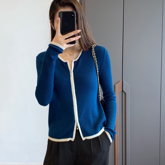 Áo Khoác Cardigan Dệt Kim Cổ Tròn Dáng Ôm Phối Khóa Kéo Đôi Thời Trang Mùa Thu Hàng Mới