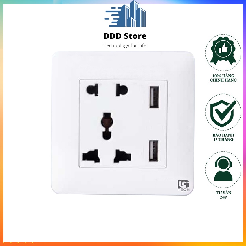 Ổ cắm điện 3 lỗ và 2 lỗ kết hợp 2 cổng USB cao cấp TT chuẩn vuông 86x86mm - Màu Trắng