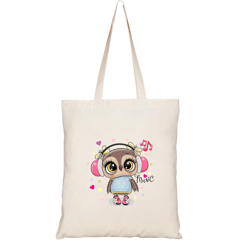 Túi vải tote canvas HTFashion in hình cute cartoon owl girl pink HT367