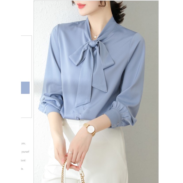 Áo Sơ Mi Kiểu Công Sở Đẹp CHIPY Tay Dài Cổ Thắt Nơ Màu Xanh Chất Lụa Cao Cấp From Rộng Hàn Quốc Ulzzang Vintage A1X | BigBuy360 - bigbuy360.vn