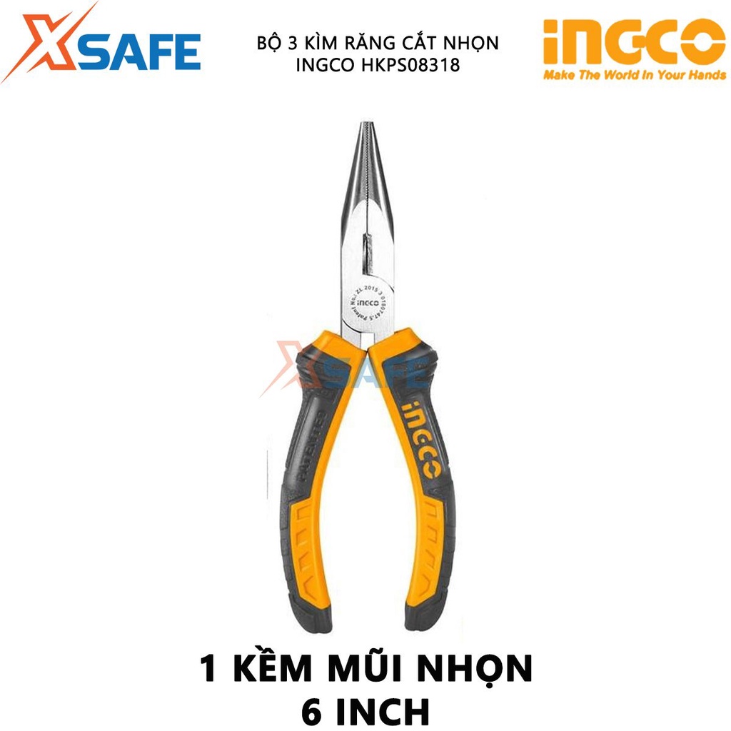 Bộ 3 kìm răng, cắt và nhọn INGCO HKPS08318 Bộ 3 kềm chất liệu cao cấp, chống gỉ, chịu lực chịu nhiệt tốt - Chính hãng