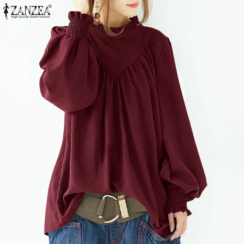 Áo kiểu ZANZEA tay phồng xếp li màu trơn đơn giản phong cách cổ điển thời trang dành cho nữ