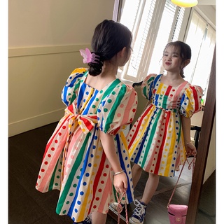 Đầm Tay Ngắn Phồng Họa Tiết Sọc Cầu Vồng Phong Cách Phương Tây Thời Trang Mùa Hè Cho Bé Gái
