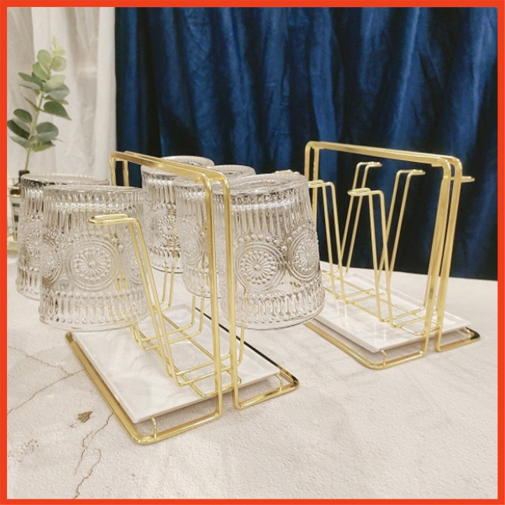 Khay úp ly mạ vàng dáng vuông hiện đại sang trọng tặng kèm khay hứng nước