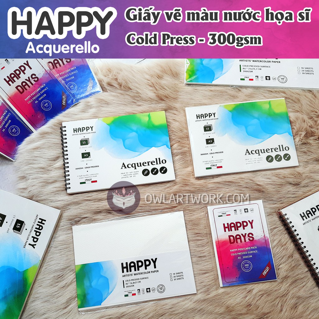 Sổ Giấy Vẽ Màu Nước HAPPY Hạng Họa Sĩ - Cold Press - 300gsm