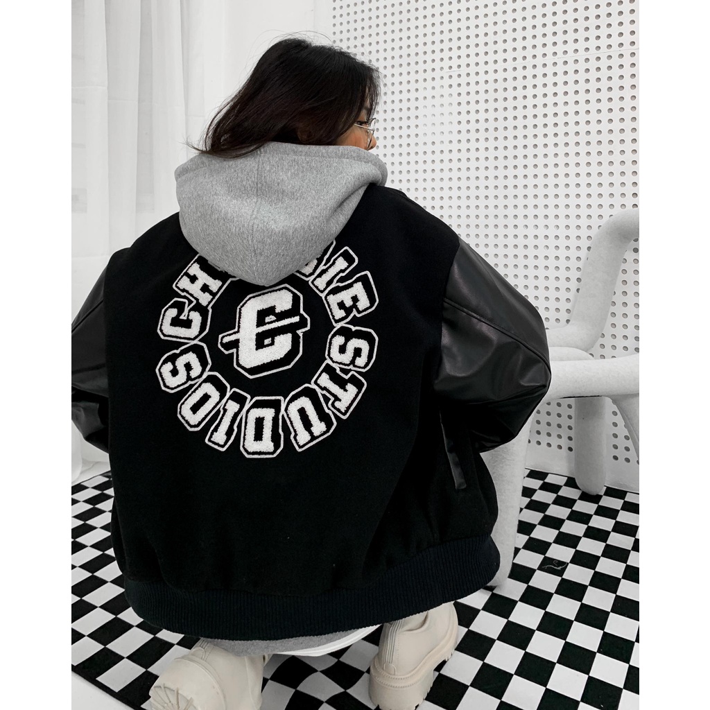 ÁO VARSITY JACKET CHUBBIE chất liệu dạ dày dặn phối tay da, hình thêu xù - CHUBBIE VARSITY JACKET