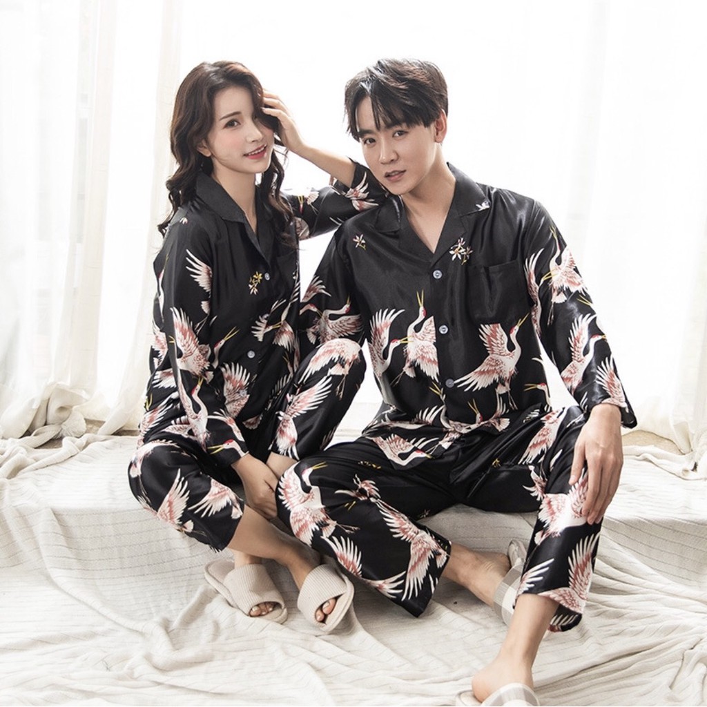 Bộ pijama lụa họa tiết tiên hạc dành cho các cặp đôi - Đồ mặc nhà cho nam và nữ ...