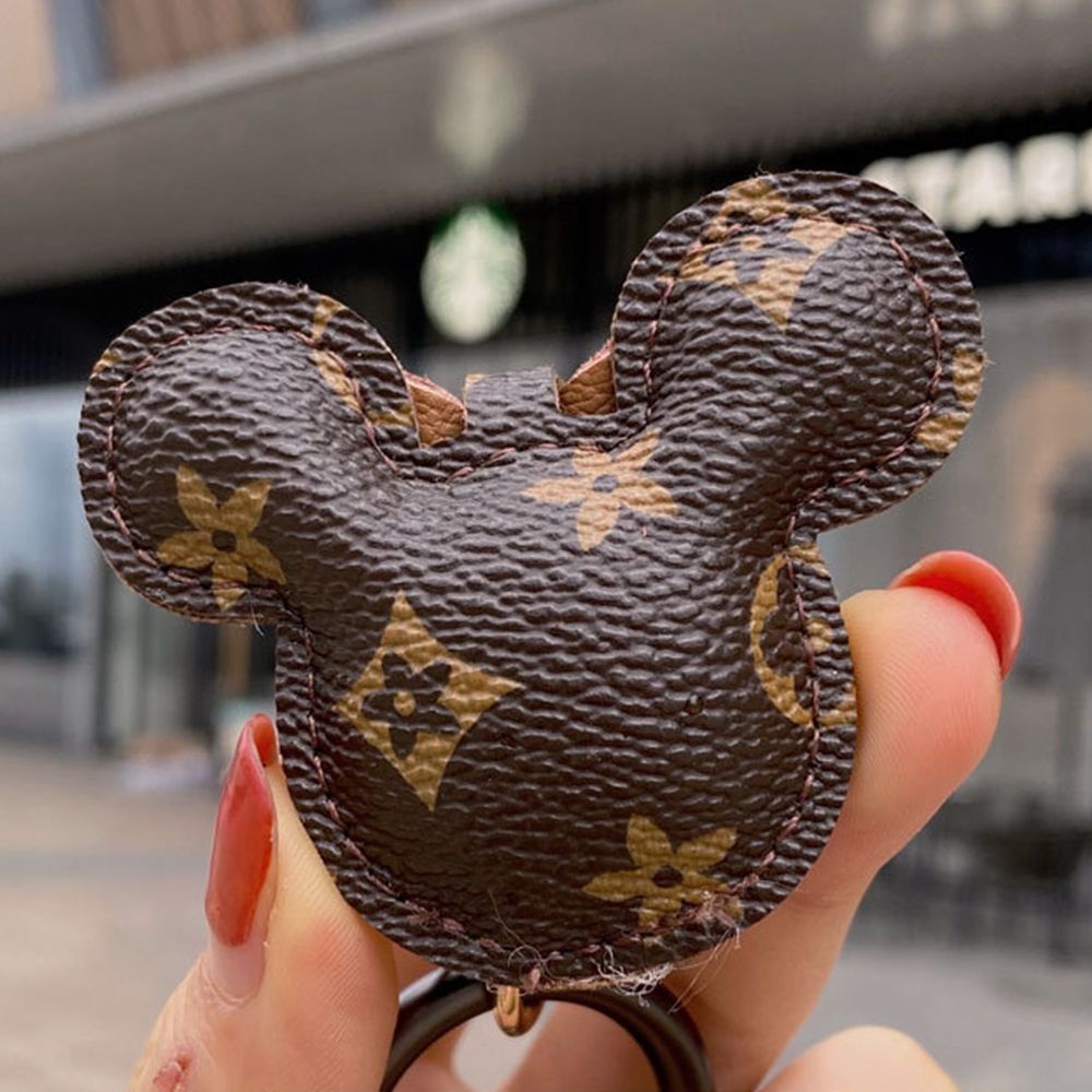 Móc khóa gắn mặt hình chuột Mickey bằng da PU phối vải bông dễ thương