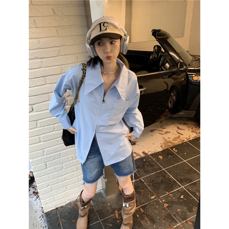 「 WELOVE1 」Áo Sơ Mi Dài Tay Dáng Rộng Có Khóa Kéo Đôi Thời Trang Mùa Thu Phong Cách retro Mỹ Dành Cho Nữ