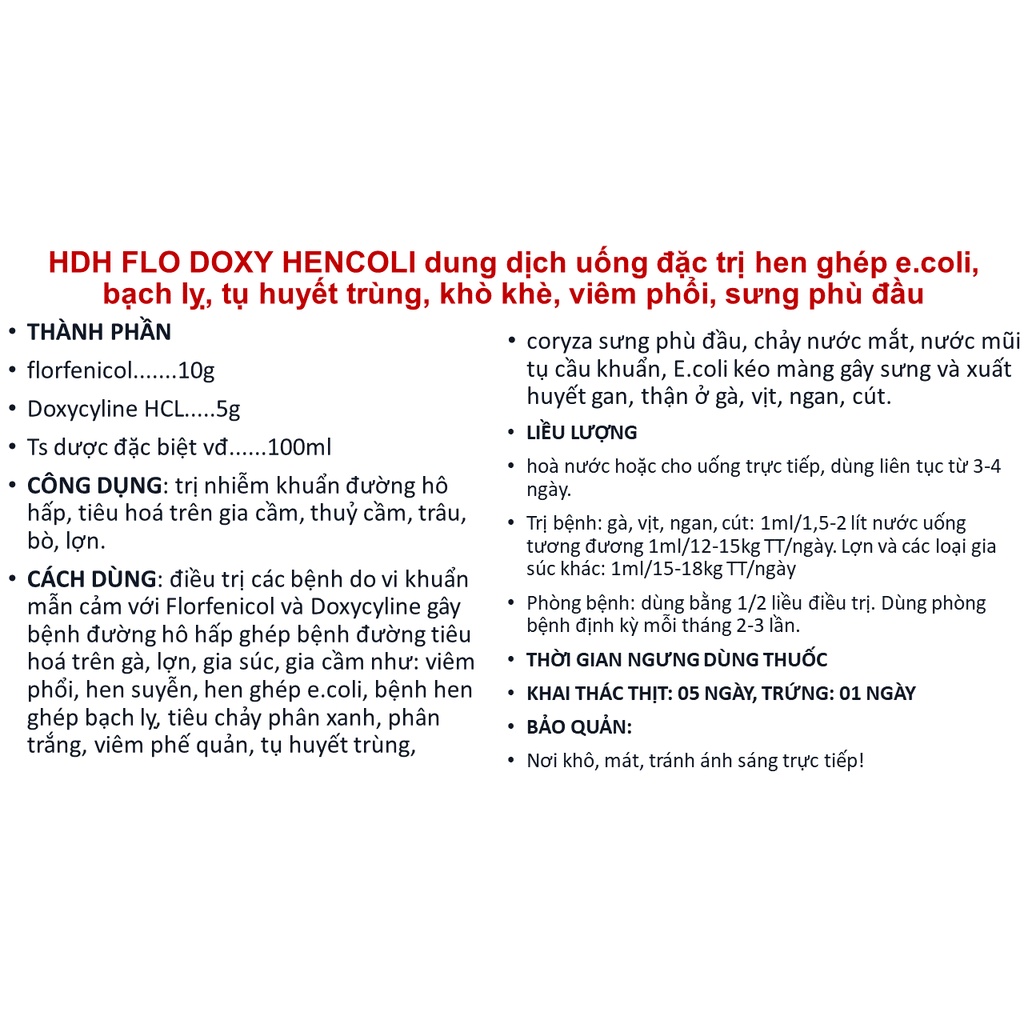 HDH FLO DOXY HENCOLI 10ML dùng cho heo trâu bò gà vịt cút