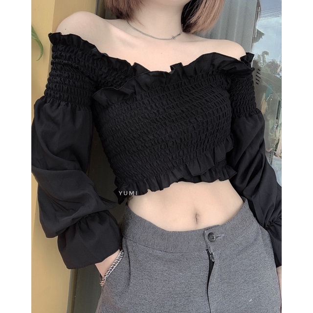 ÁO NỮ * ÁO CROPTOP NHÚN ĐẮP CHÉO TAY DÀI