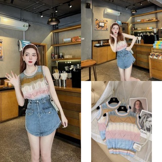 Áo len sát nách ms.1480 áo len ba lỗ họa tiết cầu vồng chất len móc sịn sò, hàng qc loại 1