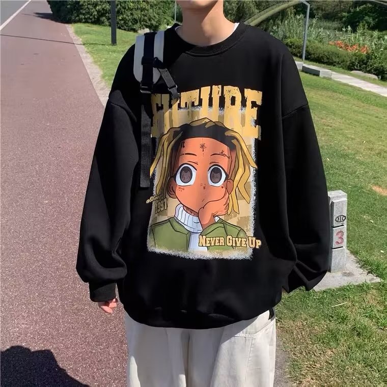 Áo Sweater Tay Dài Cổ Tròn Dáng Rộng In Họa Tiết Hoạt Hình Phong Cách Hip hop Thời Trang Cho Nam Giới Size M-5XL