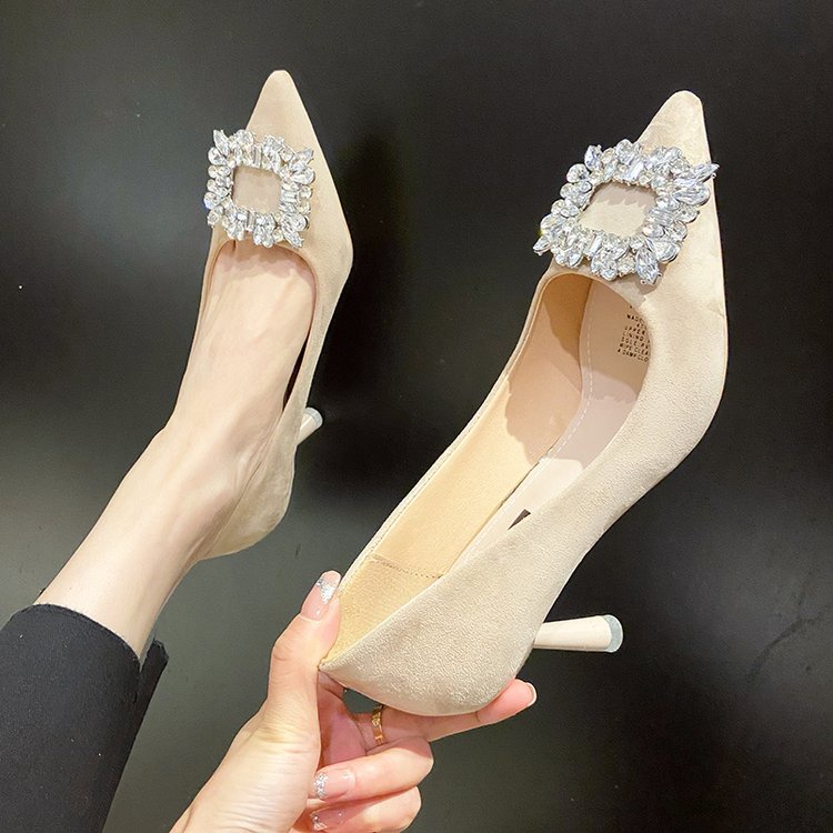 Giày Cao Gót Da Lộn Mũi Nhọn Màu Trơn Đơn Giản Hợp Thời Trang