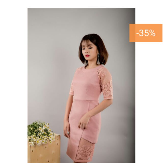 Váy da lộn pha ren màu hồng