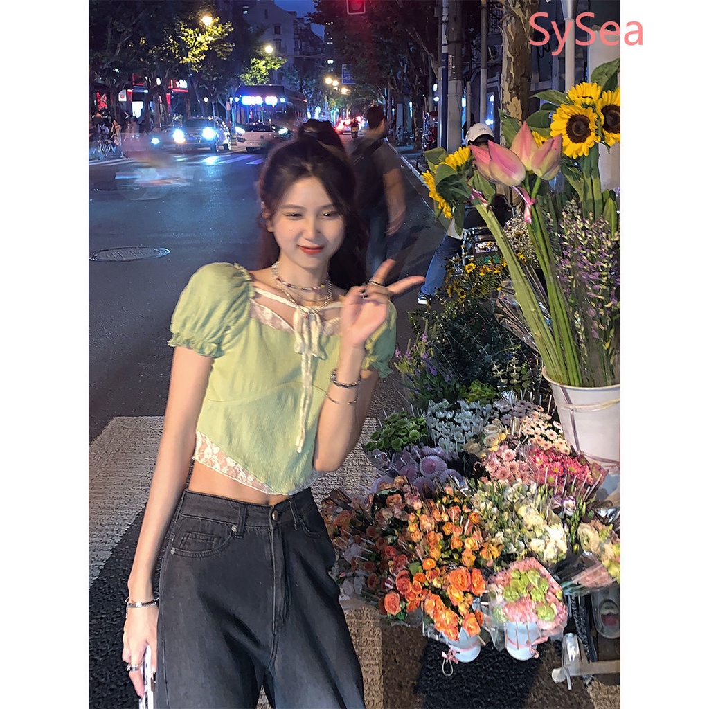 Áo croptop tay phồng ngắn phối ren quyến rũ thời trang mùa hè cho nữ