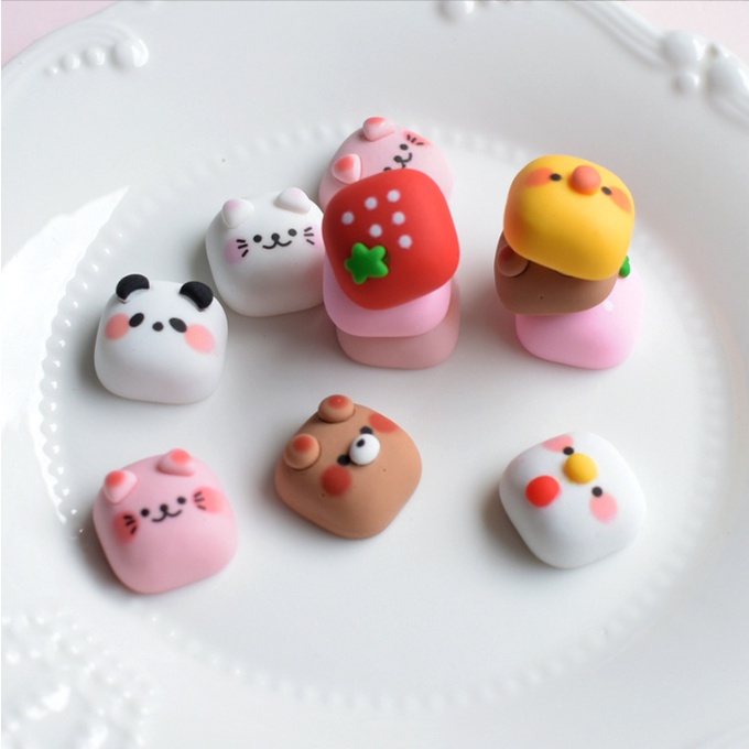 Charm vuông hình gà, gấu trúc, gấu nâu, heo hồng trang trí keycap, kẹp tóc, bình nước, vỏ ốp điện thoại, DIY